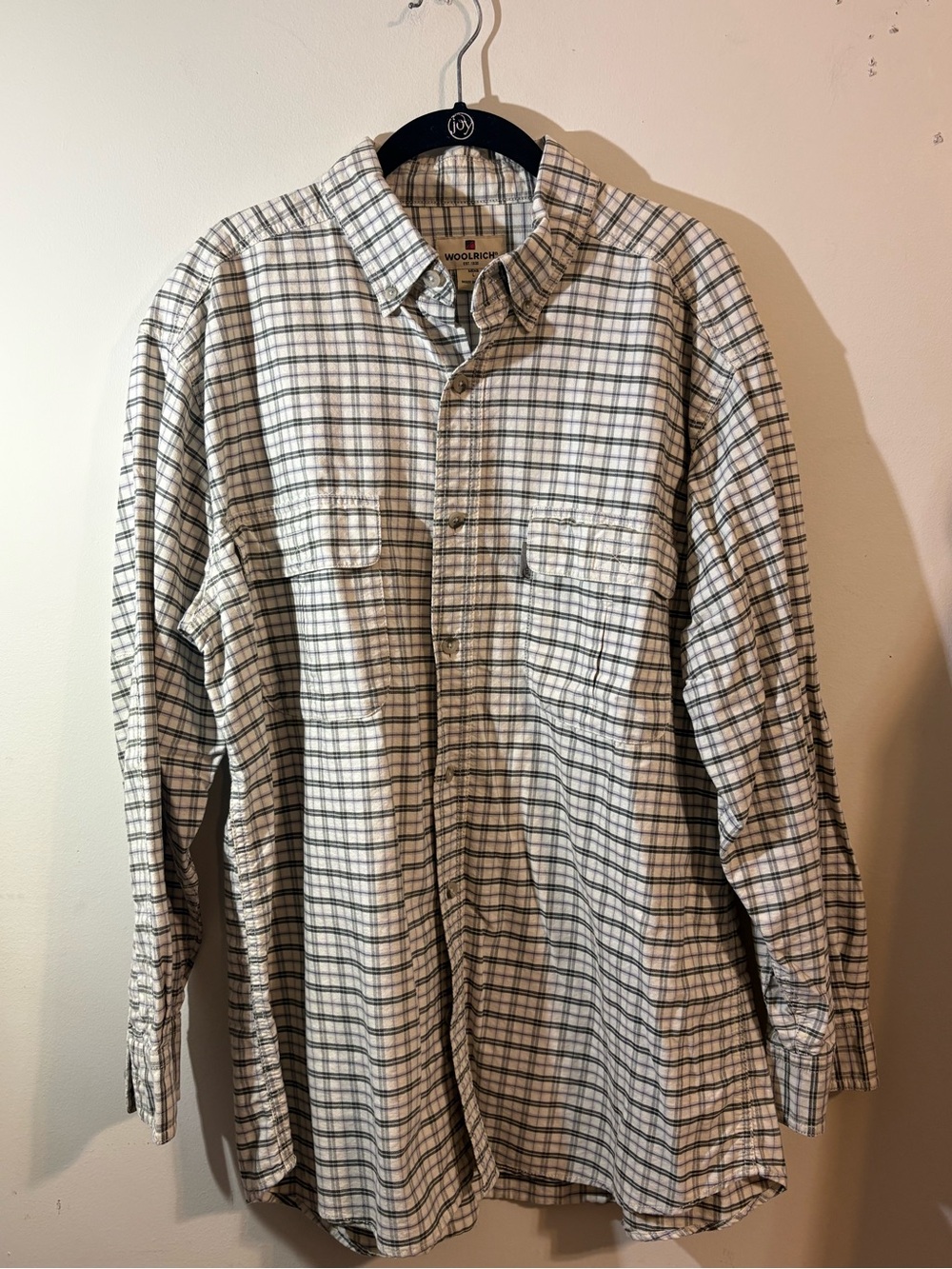 Woolrich shirt Men's large Cream Moccasin Plaid Button collar Shirt Velcro pocke